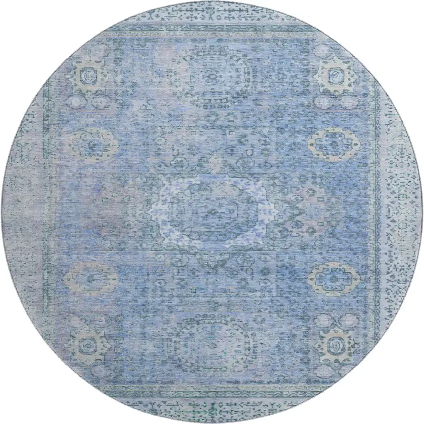 8' Blue And Gray Oriental Washable Round Rug With UV Protection Photo 1