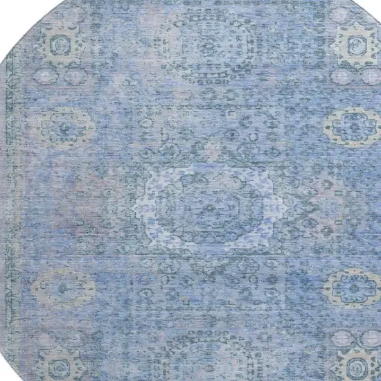 8' Blue And Gray Oriental Washable Round Rug With UV Protection Photo 2