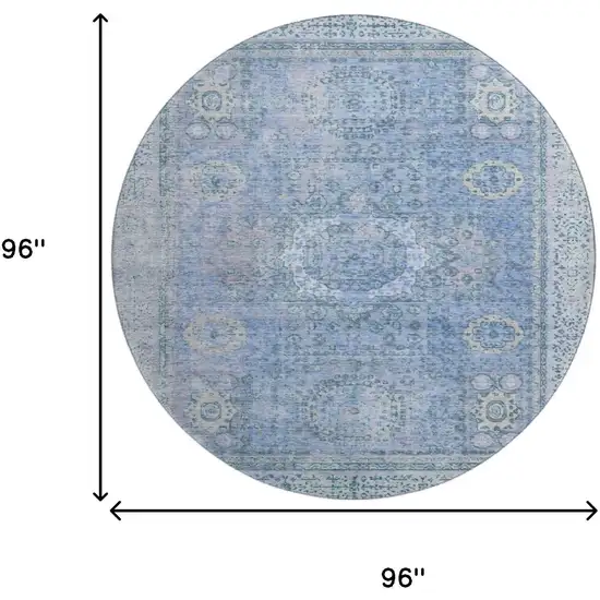 8' Blue And Gray Oriental Washable Round Rug With UV Protection Photo 9