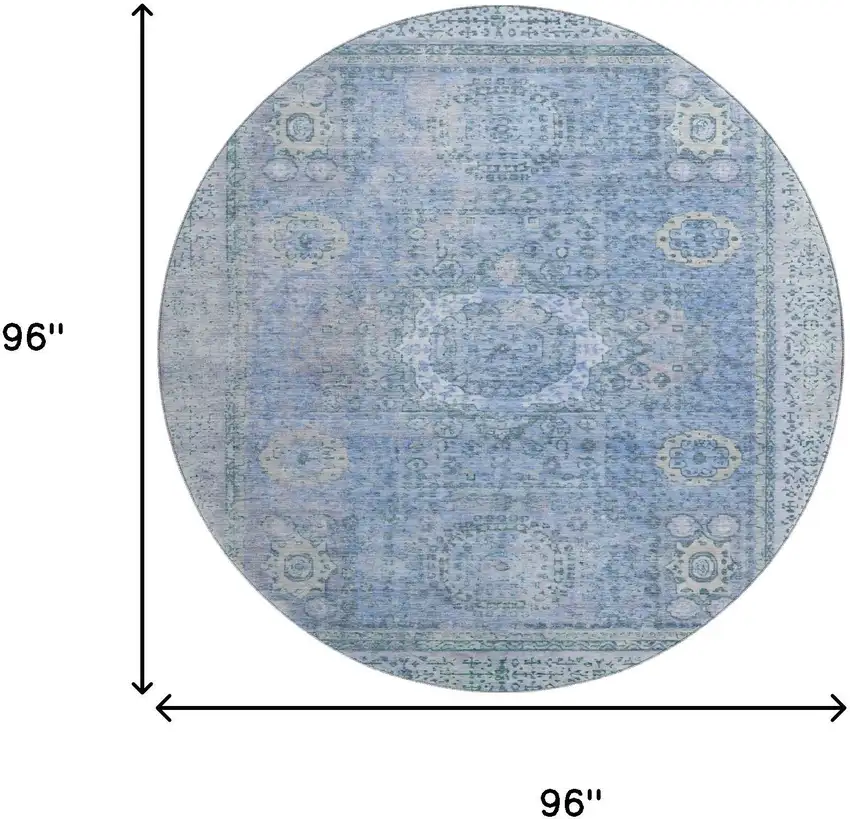 8' Blue And Gray Oriental Washable Round Rug With UV Protection Photo 9