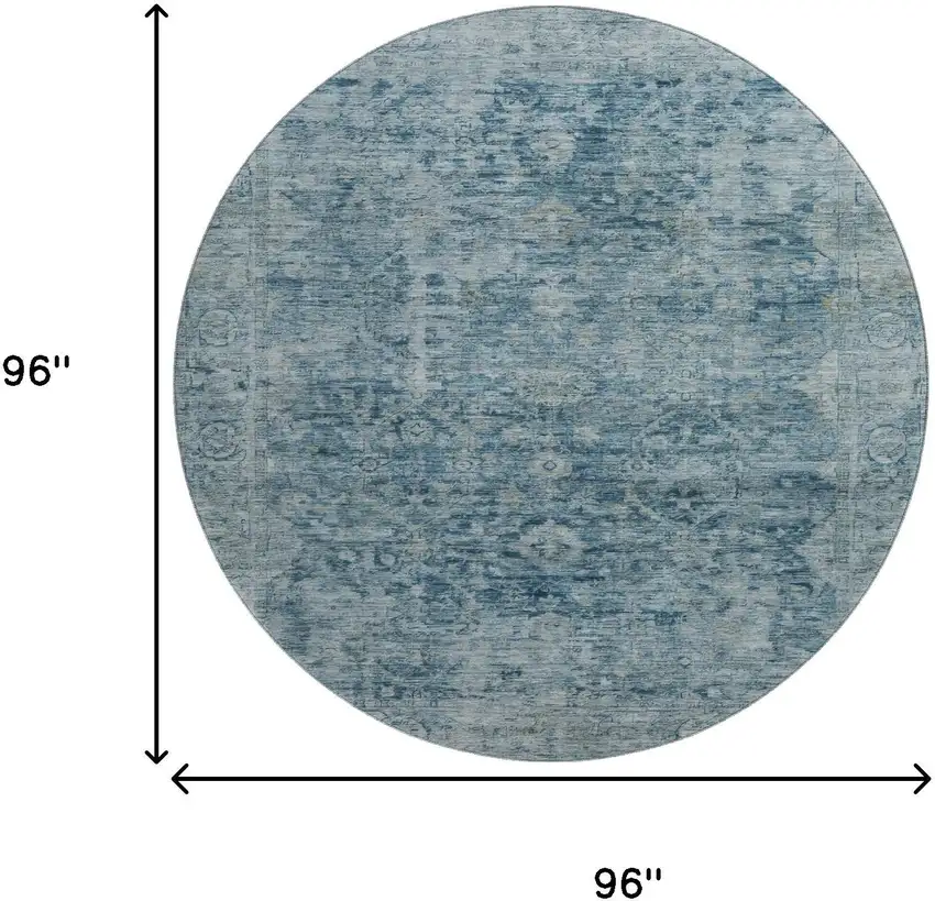 8' Blue And Gray Oriental Washable Round Rug With UV Protection Photo 9