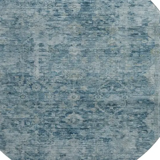8' Blue And Gray Oriental Washable Round Rug With UV Protection Photo 2