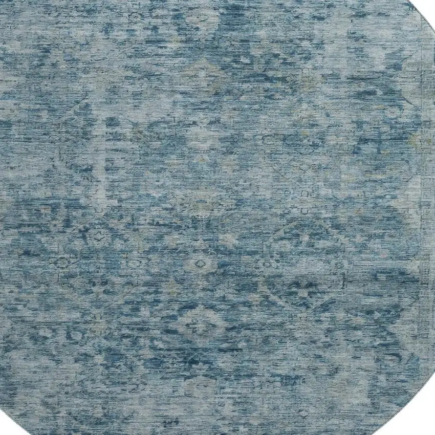 8' Blue And Gray Oriental Washable Round Rug With UV Protection Photo 2