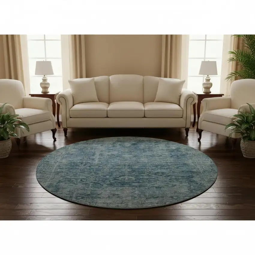 8' Blue And Gray Oriental Washable Round Rug With UV Protection Photo 2