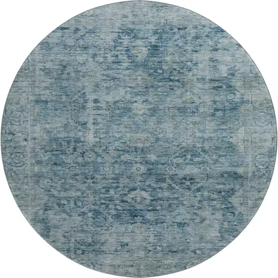 8' Blue And Gray Oriental Washable Round Rug With UV Protection Photo 1