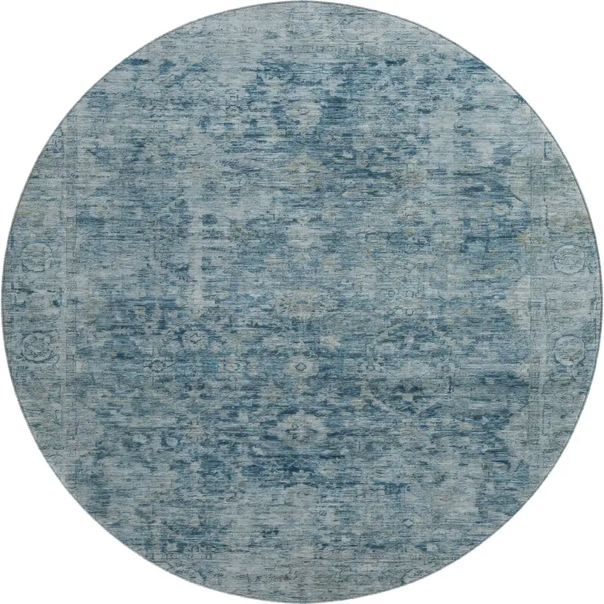 8' Blue And Gray Oriental Washable Round Rug With UV Protection Photo 1