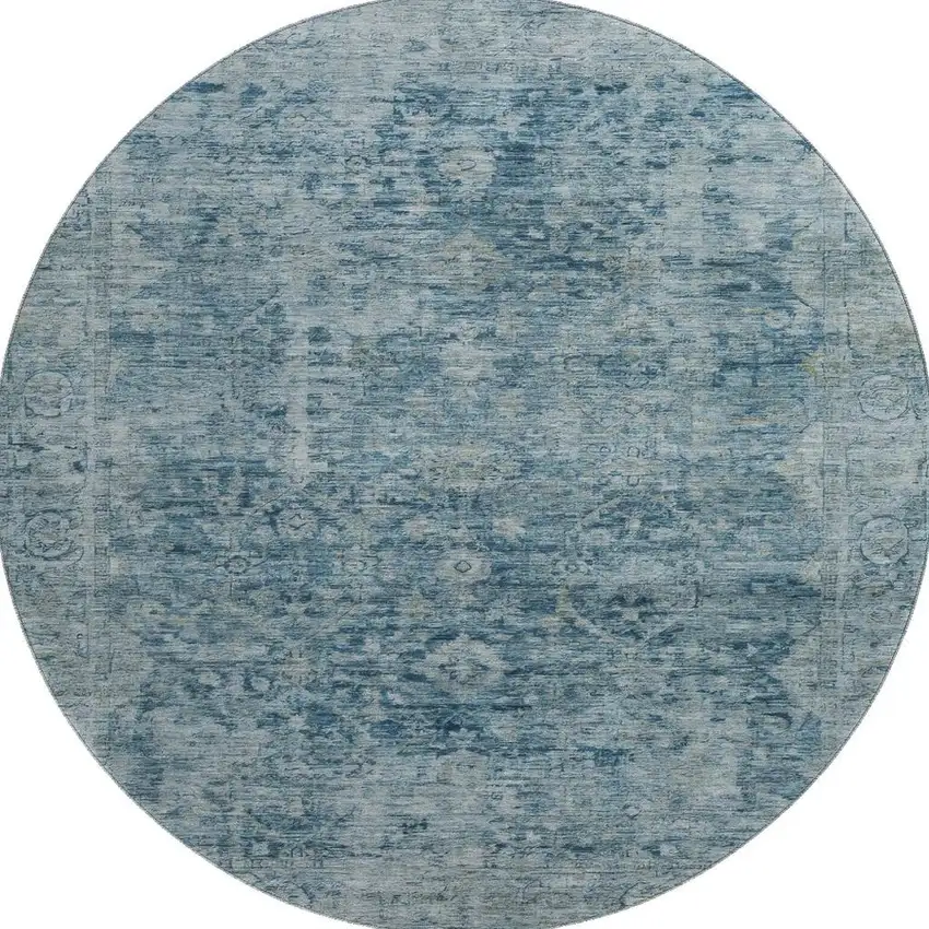 8' Blue And Gray Oriental Washable Round Rug With UV Protection Photo 3
