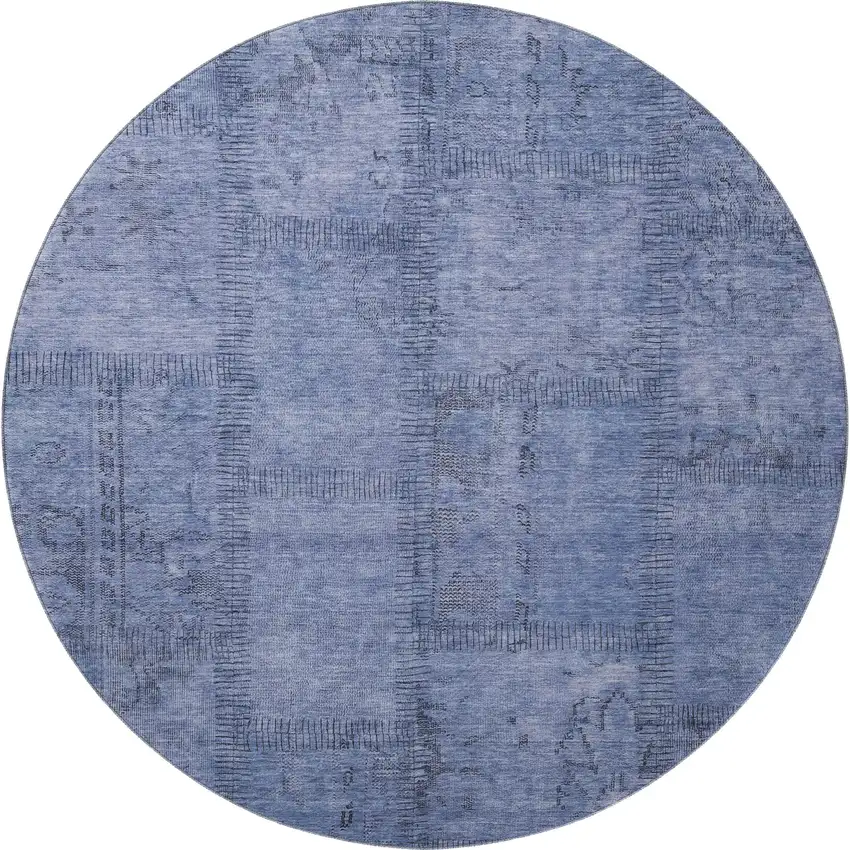 8' Blue And Gray Patchwork Washable Round Rug With UV Protection Photo 3
