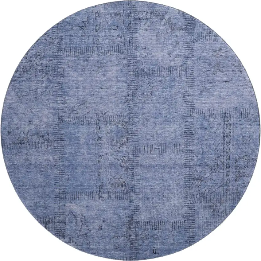 8' Blue And Gray Patchwork Washable Round Rug With UV Protection Photo 1