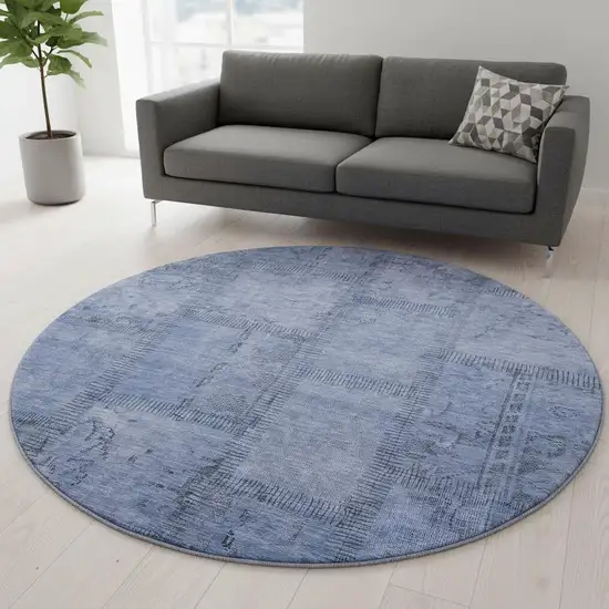 8' Blue And Gray Patchwork Washable Round Rug With UV Protection Photo 2