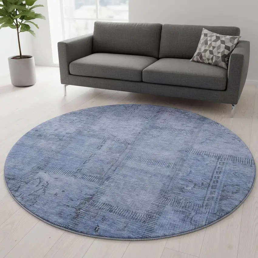 8' Blue And Gray Patchwork Washable Round Rug With UV Protection Photo 2