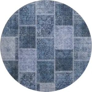 Photo of 8' Blue And Gray Patchwork Washable Round Rug With UV Protection