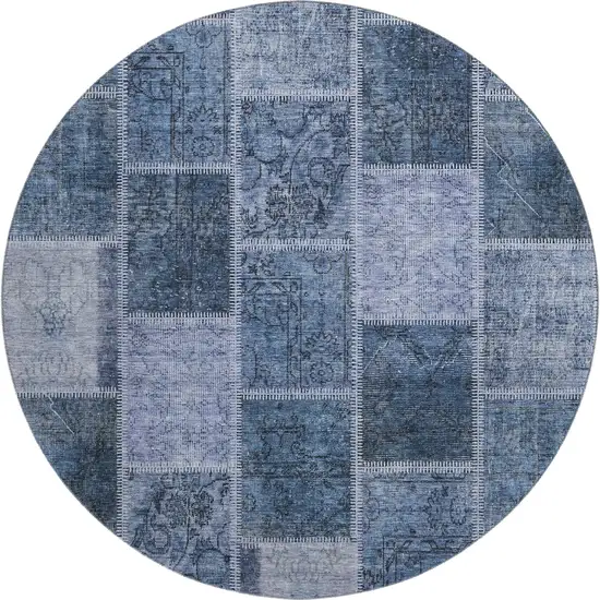 8' Blue And Gray Patchwork Washable Round Rug With UV Protection Photo 1