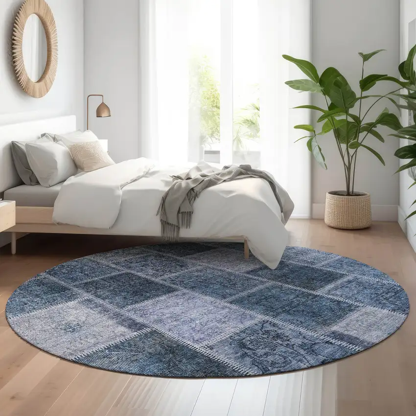 8' Blue And Gray Patchwork Washable Round Rug With UV Protection Photo 5