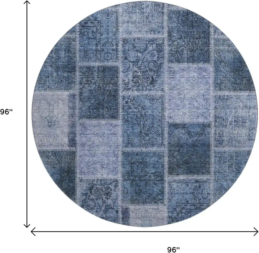 8' Blue And Gray Patchwork Washable Round Rug With UV Protection Photo 3