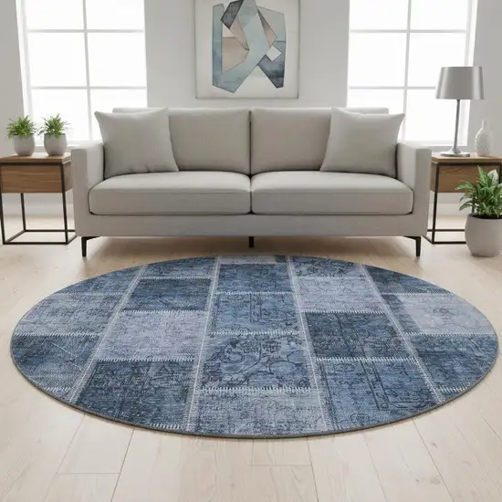 8' Blue And Gray Patchwork Washable Round Rug With UV Protection Photo 2