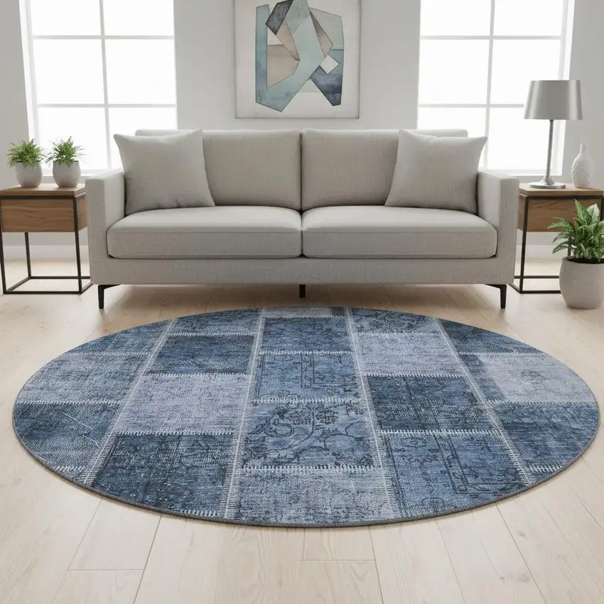 8' Blue And Gray Patchwork Washable Round Rug With UV Protection Photo 2