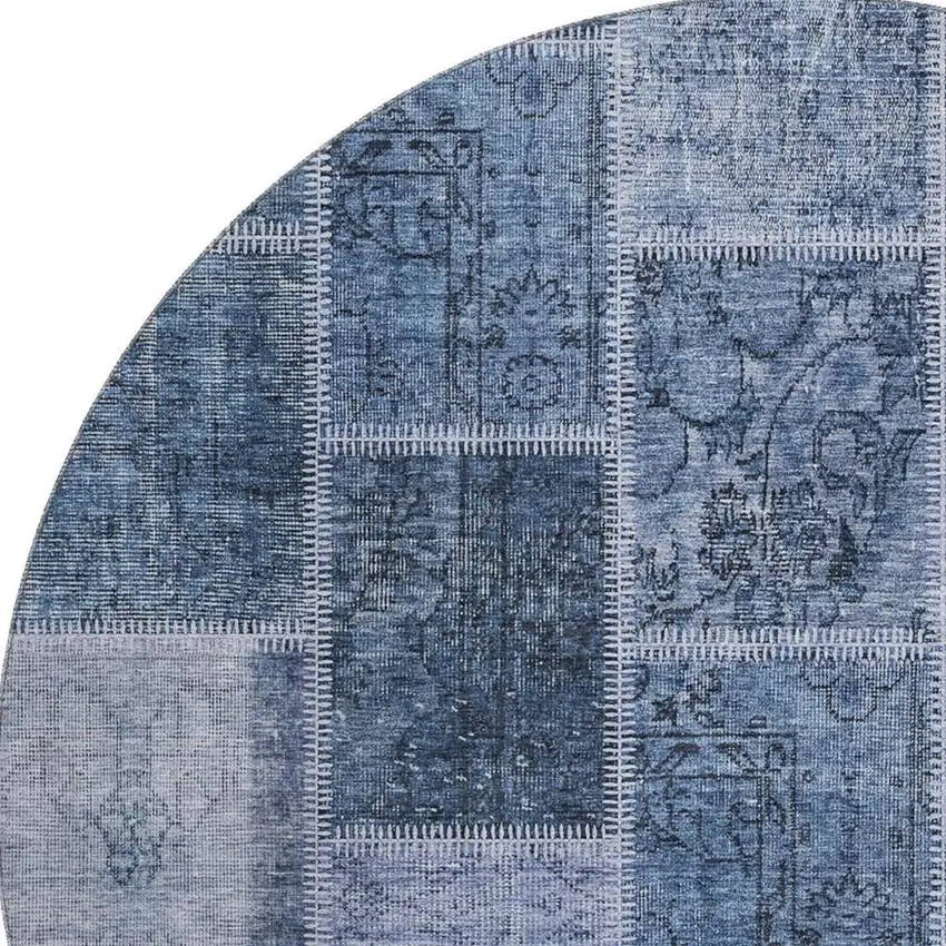 8' Blue And Gray Patchwork Washable Round Rug With UV Protection Photo 4