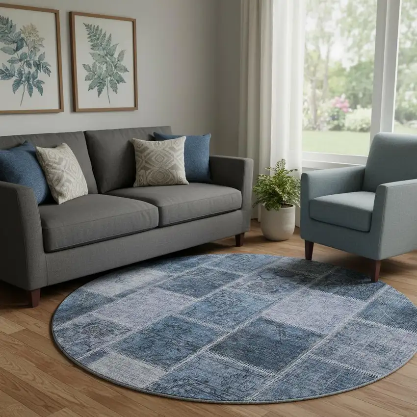 8' Blue And Gray Patchwork Washable Round Rug With UV Protection Photo 1