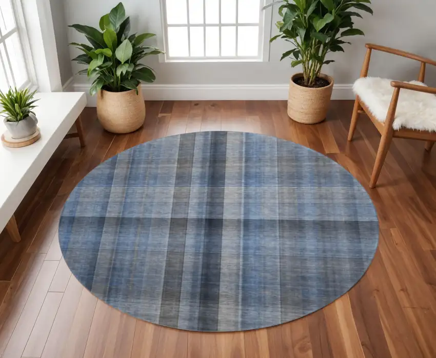 8' Blue And Gray Plaid Washable Round Rug With UV Protection Photo 2