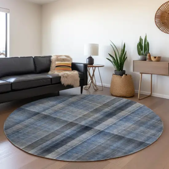 8' Blue And Gray Plaid Washable Round Rug With UV Protection Photo 5