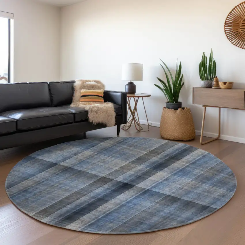 8' Blue And Gray Plaid Washable Round Rug With UV Protection Photo 5