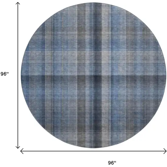 8' Blue And Gray Plaid Washable Round Rug With UV Protection Photo 9