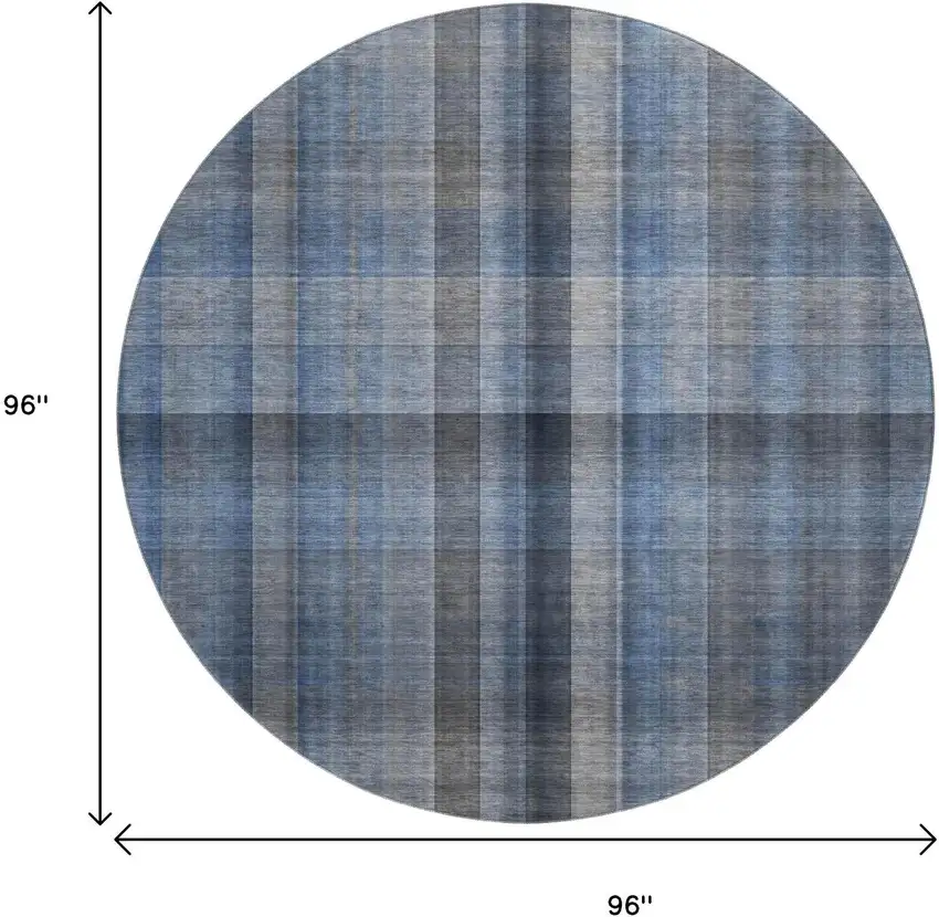 8' Blue And Gray Plaid Washable Round Rug With UV Protection Photo 9