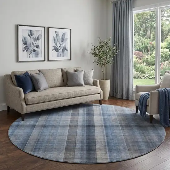 8' Blue And Gray Plaid Washable Round Rug With UV Protection Photo 1