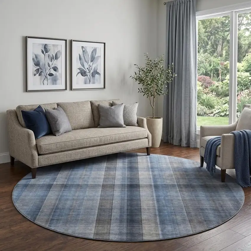 8' Blue And Gray Plaid Washable Round Rug With UV Protection Photo 1