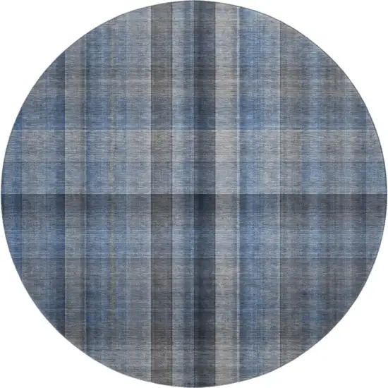 8' Blue And Gray Plaid Washable Round Rug With UV Protection Photo 1