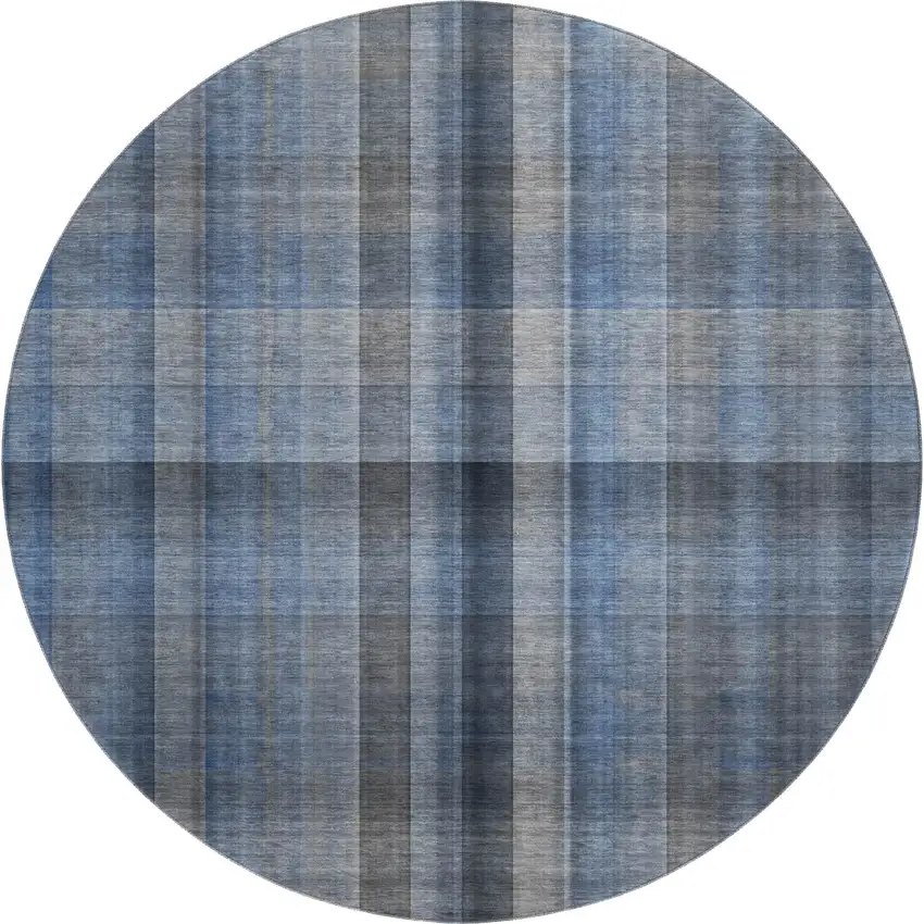 8' Blue And Gray Plaid Washable Round Rug With UV Protection Photo 1
