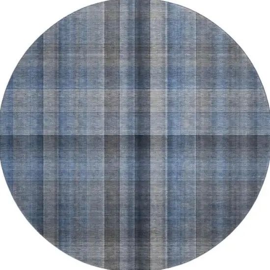 8' Blue And Gray Plaid Washable Round Rug With UV Protection Photo 4