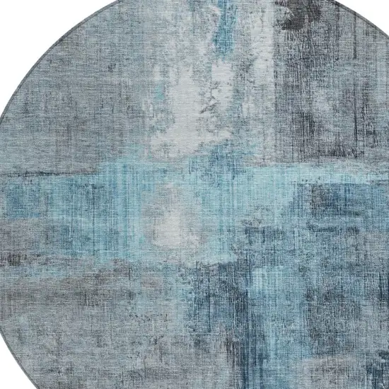 8' Blue And Gray Round Abstract Washable Indoor Outdoor Area Rug Photo 7