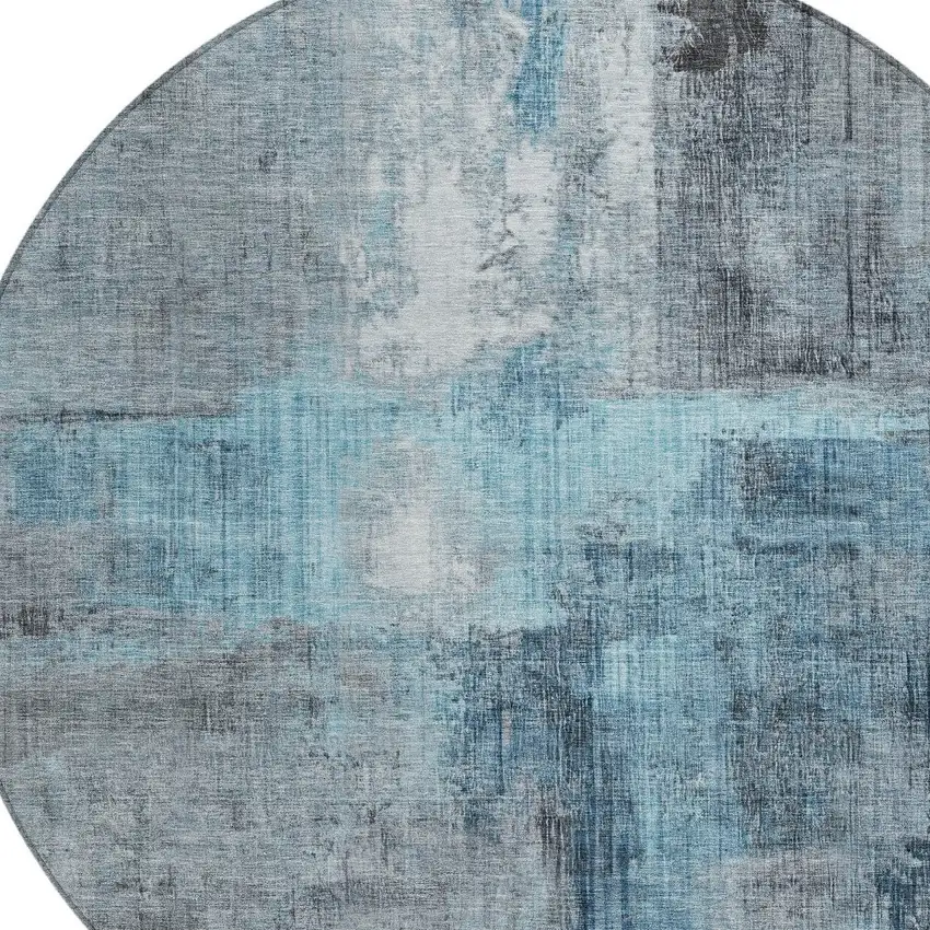 8' Blue And Gray Round Abstract Washable Indoor Outdoor Area Rug Photo 7