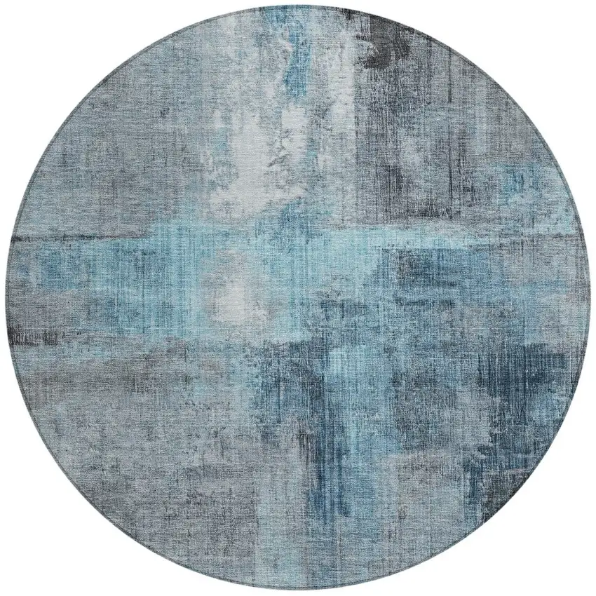 8' Blue And Gray Round Abstract Washable Indoor Outdoor Area Rug Photo 3