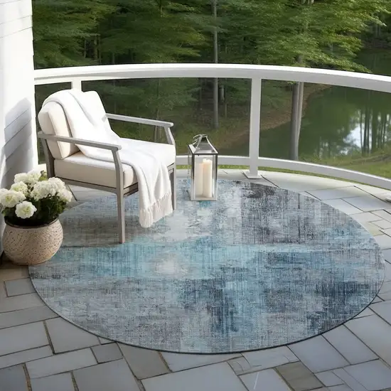 8' Blue And Gray Round Abstract Washable Indoor Outdoor Area Rug Photo 5