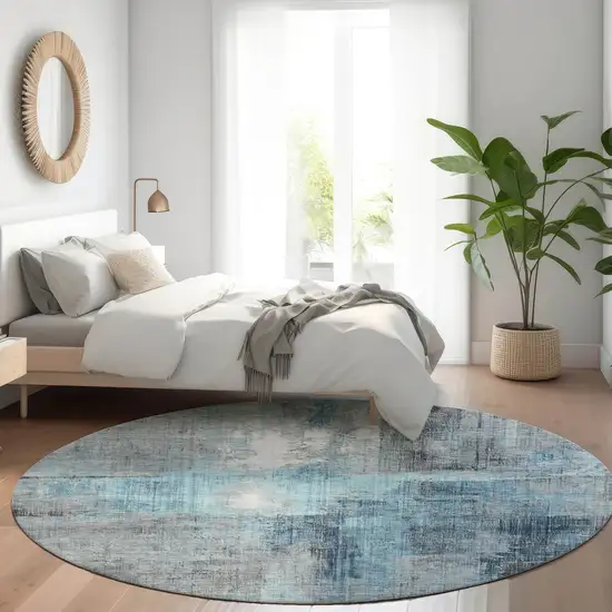 8' Blue And Gray Round Abstract Washable Indoor Outdoor Area Rug Photo 6