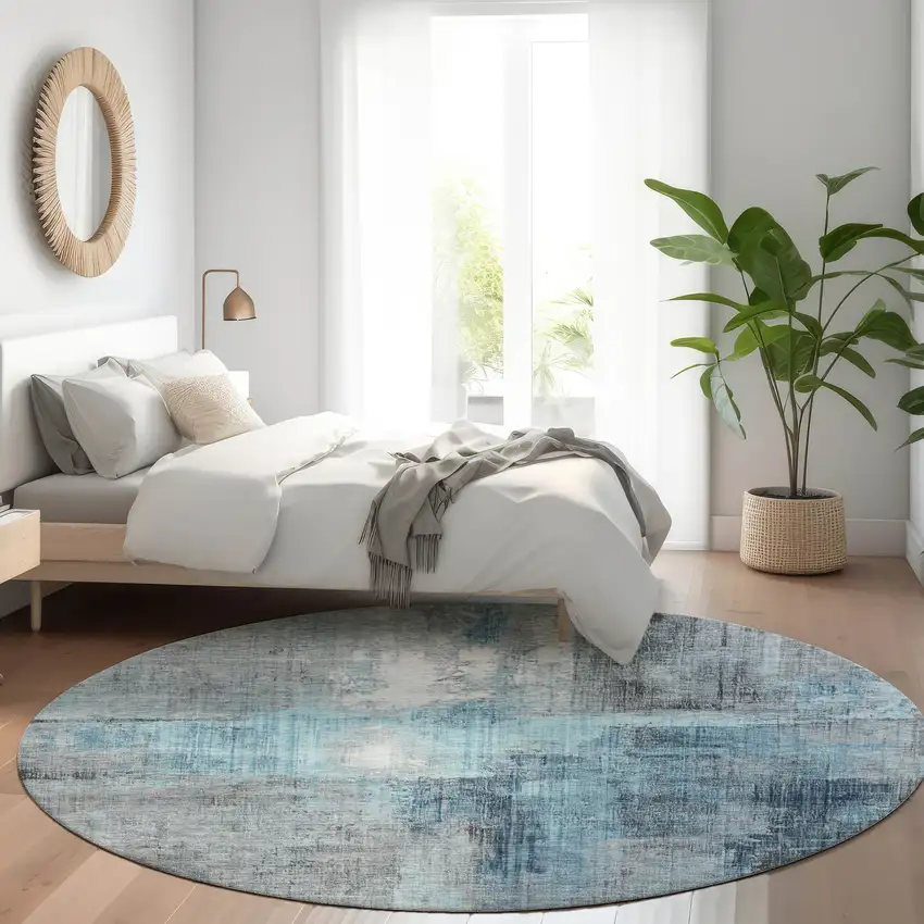 8' Blue And Gray Round Abstract Washable Indoor Outdoor Area Rug Photo 6