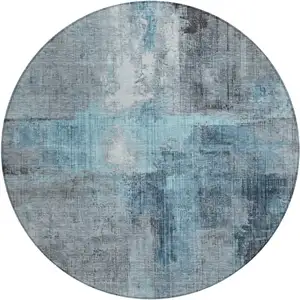 Photo of 8' Blue And Gray Round Abstract Washable Indoor Outdoor Area Rug