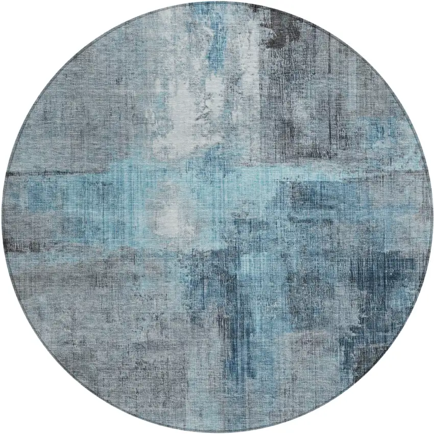 8' Blue And Gray Round Abstract Washable Indoor Outdoor Area Rug Photo 1