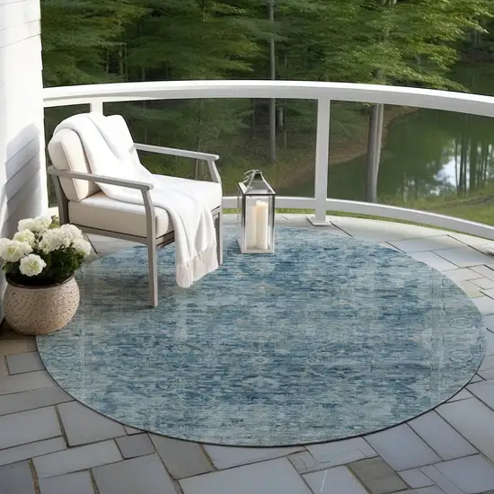 8' Blue And Gray Round Abstract Washable Indoor Outdoor Area Rug Photo 5