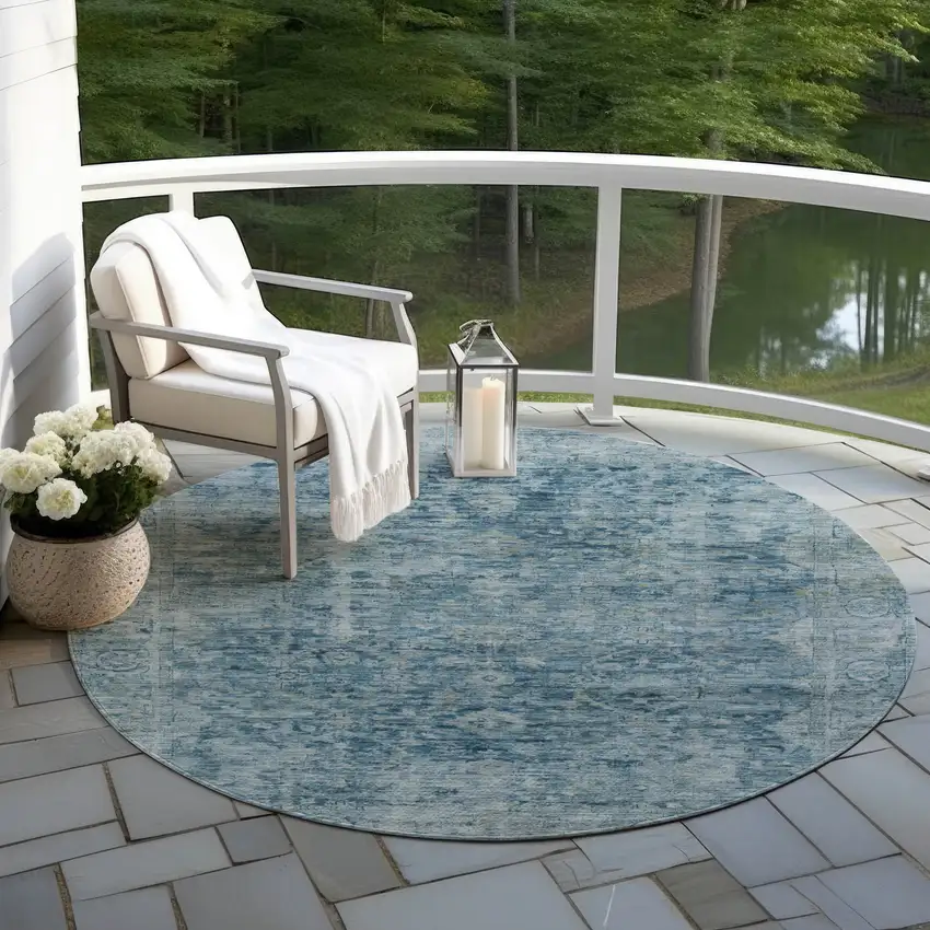 8' Blue And Gray Round Abstract Washable Indoor Outdoor Area Rug Photo 5