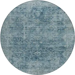 Photo of 8' Blue And Gray Round Abstract Washable Indoor Outdoor Area Rug