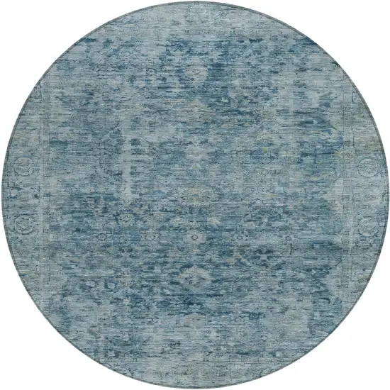 8' Blue And Gray Round Abstract Washable Indoor Outdoor Area Rug Photo 1
