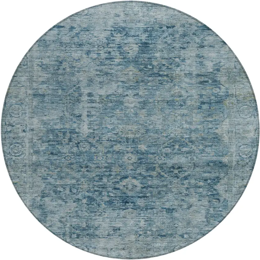 8' Blue And Gray Round Abstract Washable Indoor Outdoor Area Rug Photo 1