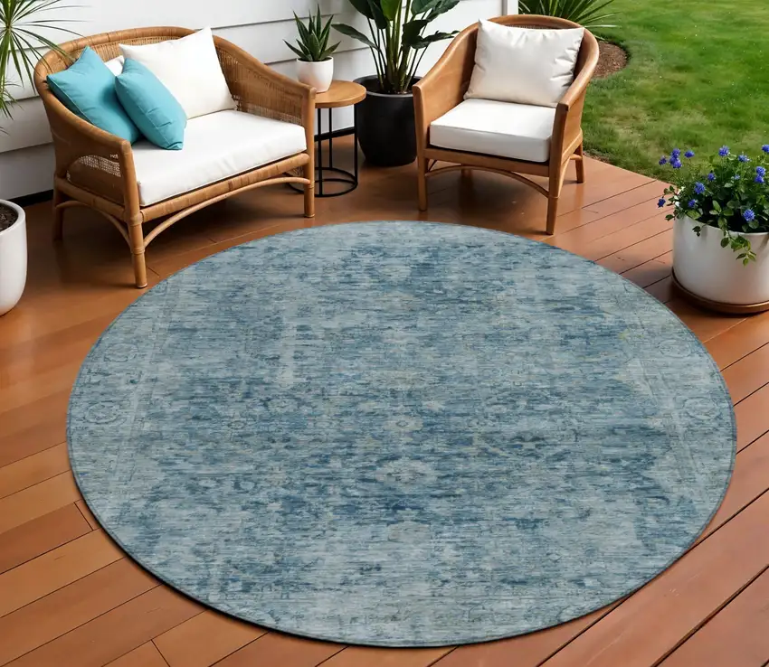 8' Blue And Gray Round Abstract Washable Indoor Outdoor Area Rug Photo 2