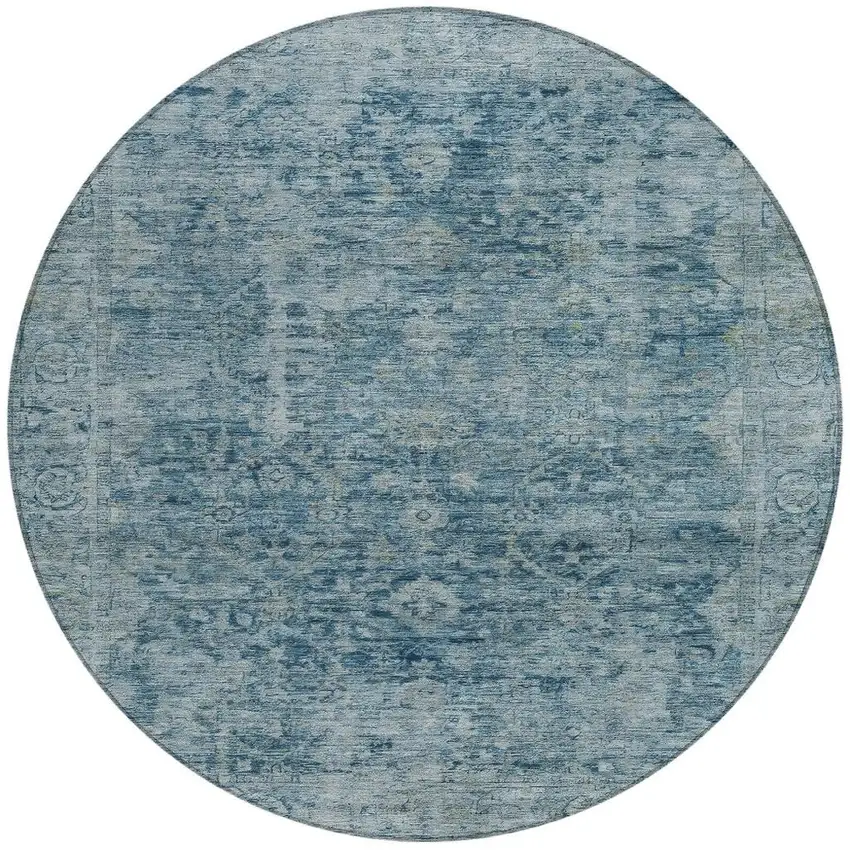 8' Blue And Gray Round Abstract Washable Indoor Outdoor Area Rug Photo 4