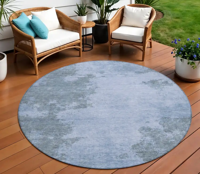 8' Blue And Gray Round Abstract Washable Indoor Outdoor Area Rug Photo 2