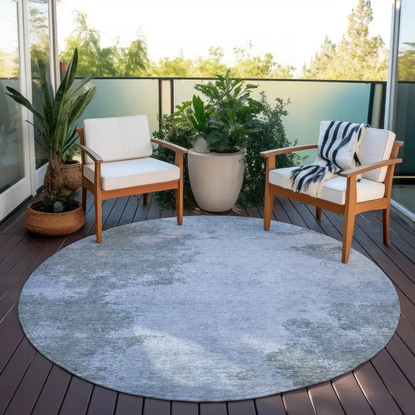 8' Blue And Gray Round Abstract Washable Indoor Outdoor Area Rug Photo 5